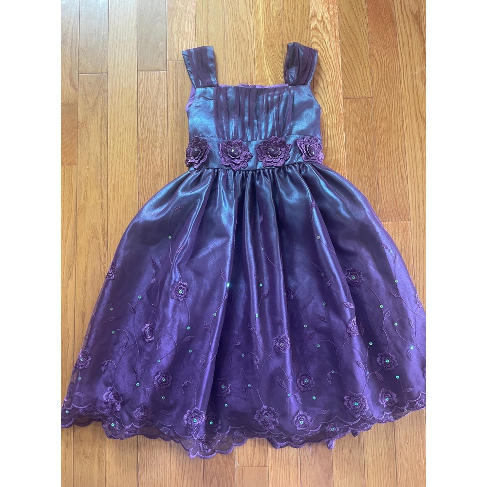 Bonnie Jean Girls Purple Iridescent Floral Sequin Special Occasion Dress Size 8